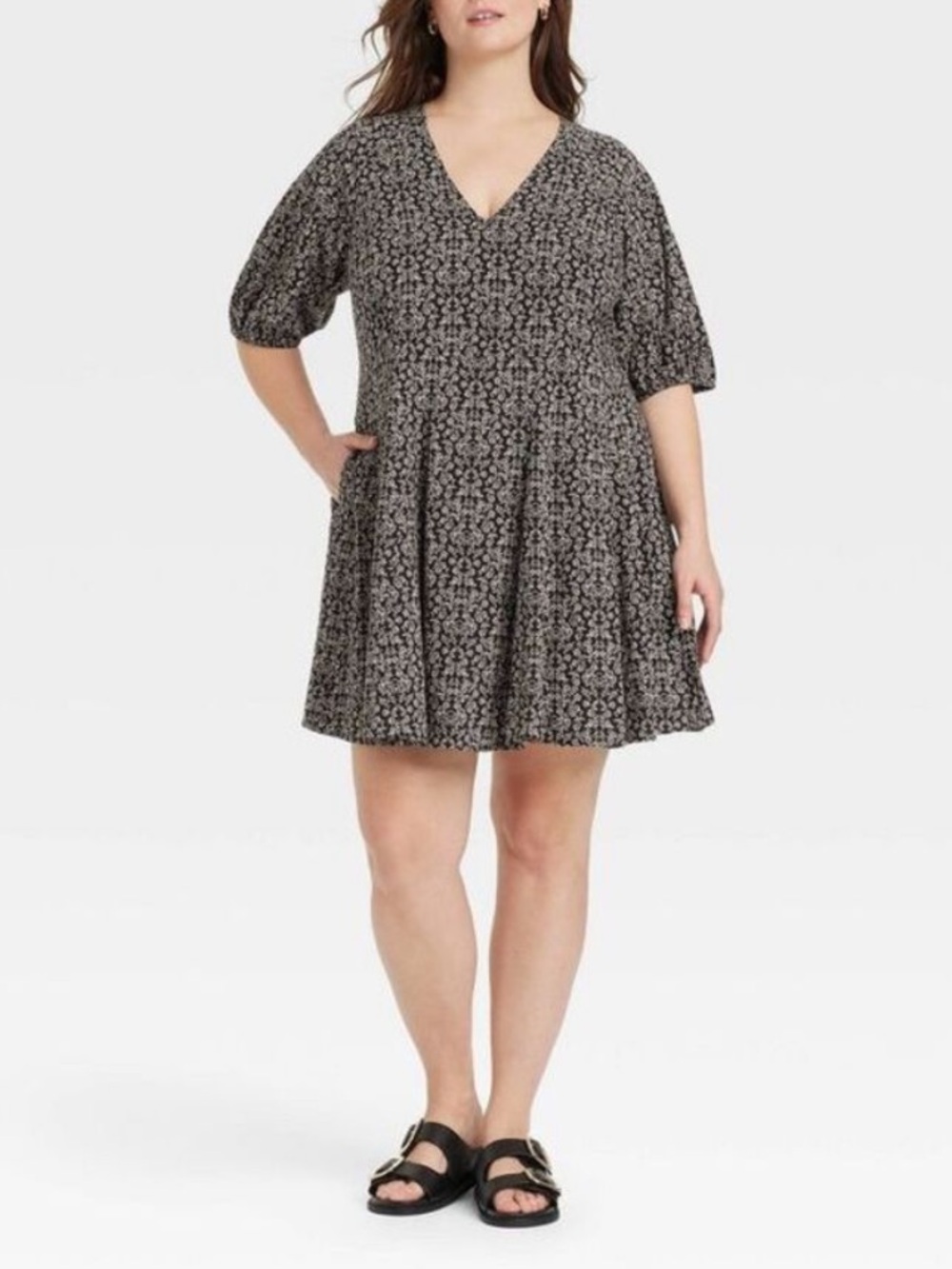 Universal Thread Black Floral Bell Elbow Sleeve Mini a-Line Dress